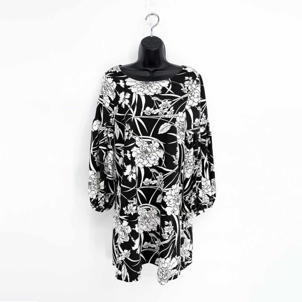 Bryn Walker Long Sleeve Lantern Floral Mini Dress Black Cream XXS